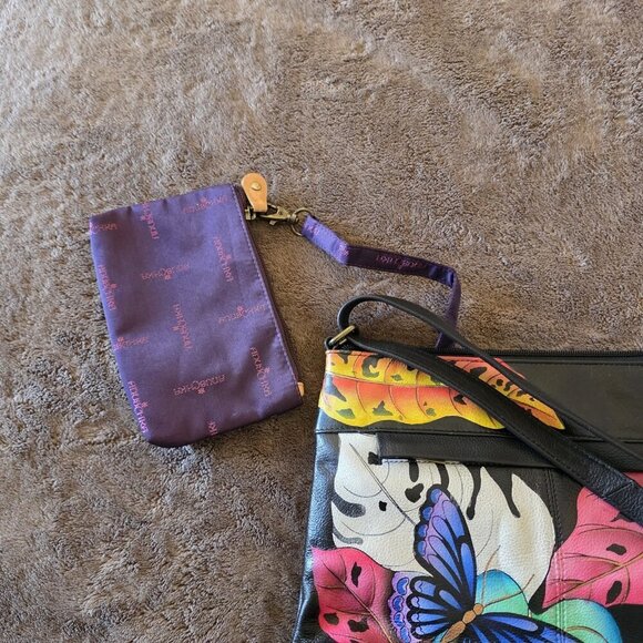 Anna by Anuschka Hand Painted Leather Crossbody Bag Butterfly Dragonfly New - Picture 4 of 16